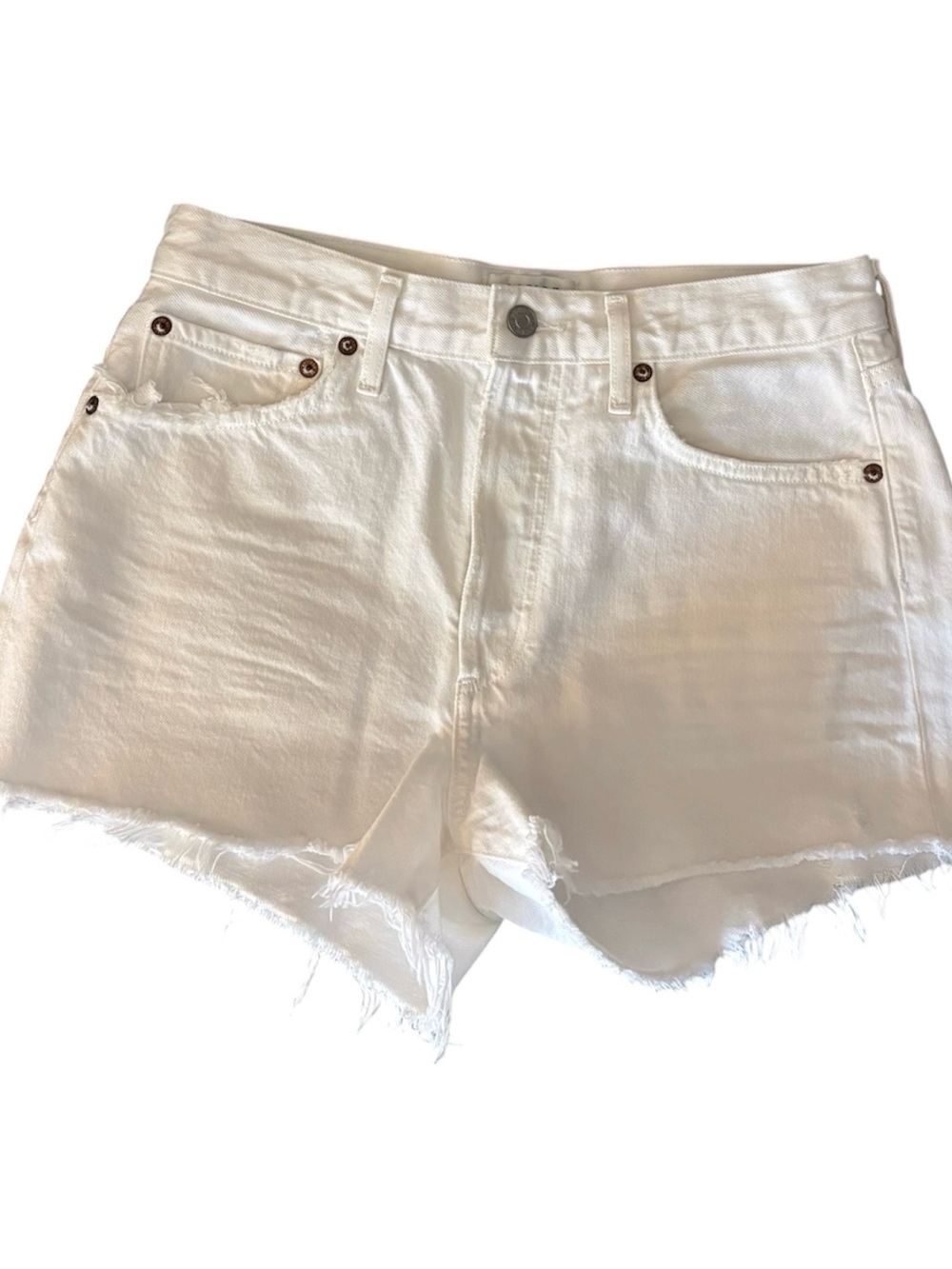 Agolde White Denim Frayed Hem Jean Shorts